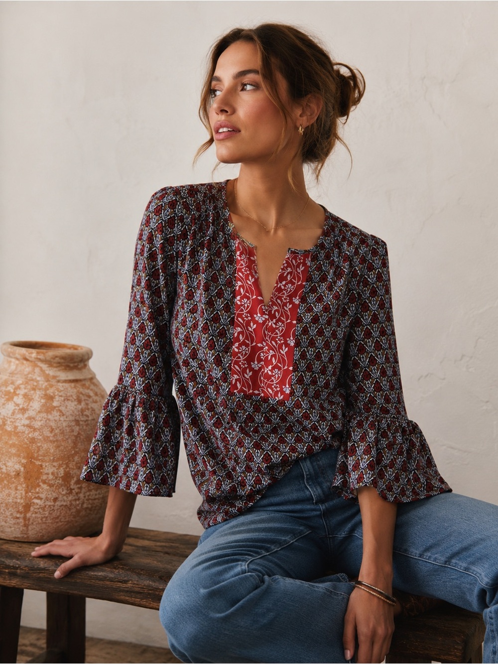 LOFT Mixed Print Peasant Blouse Bell Sleeve Boho Top XS